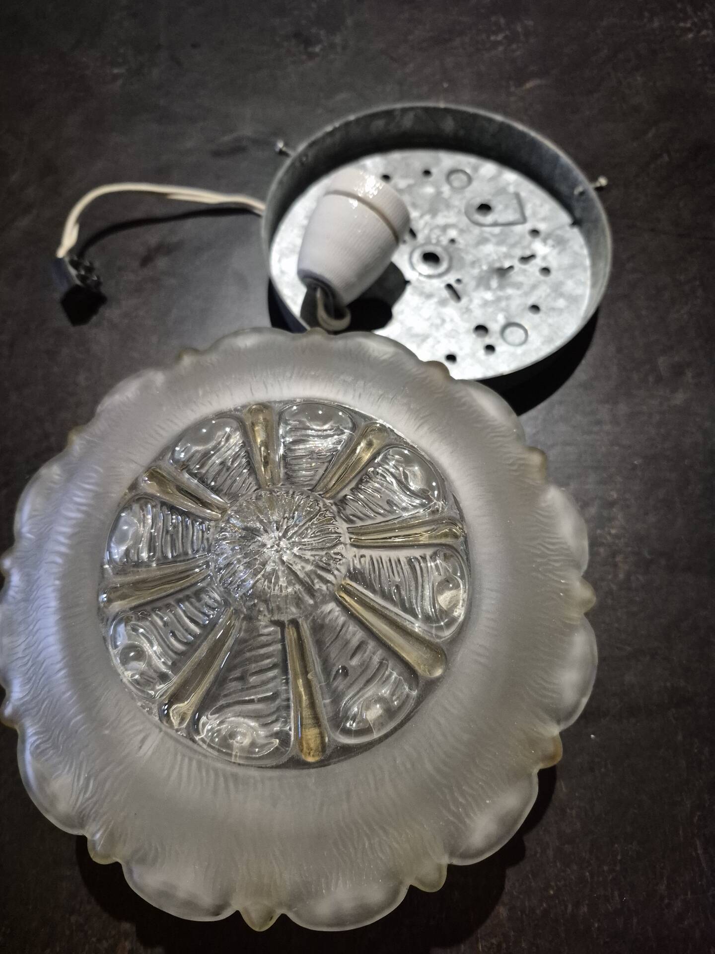 Wall ceiling lamp ø 21 cm frosted and amber glass 1960s moulded