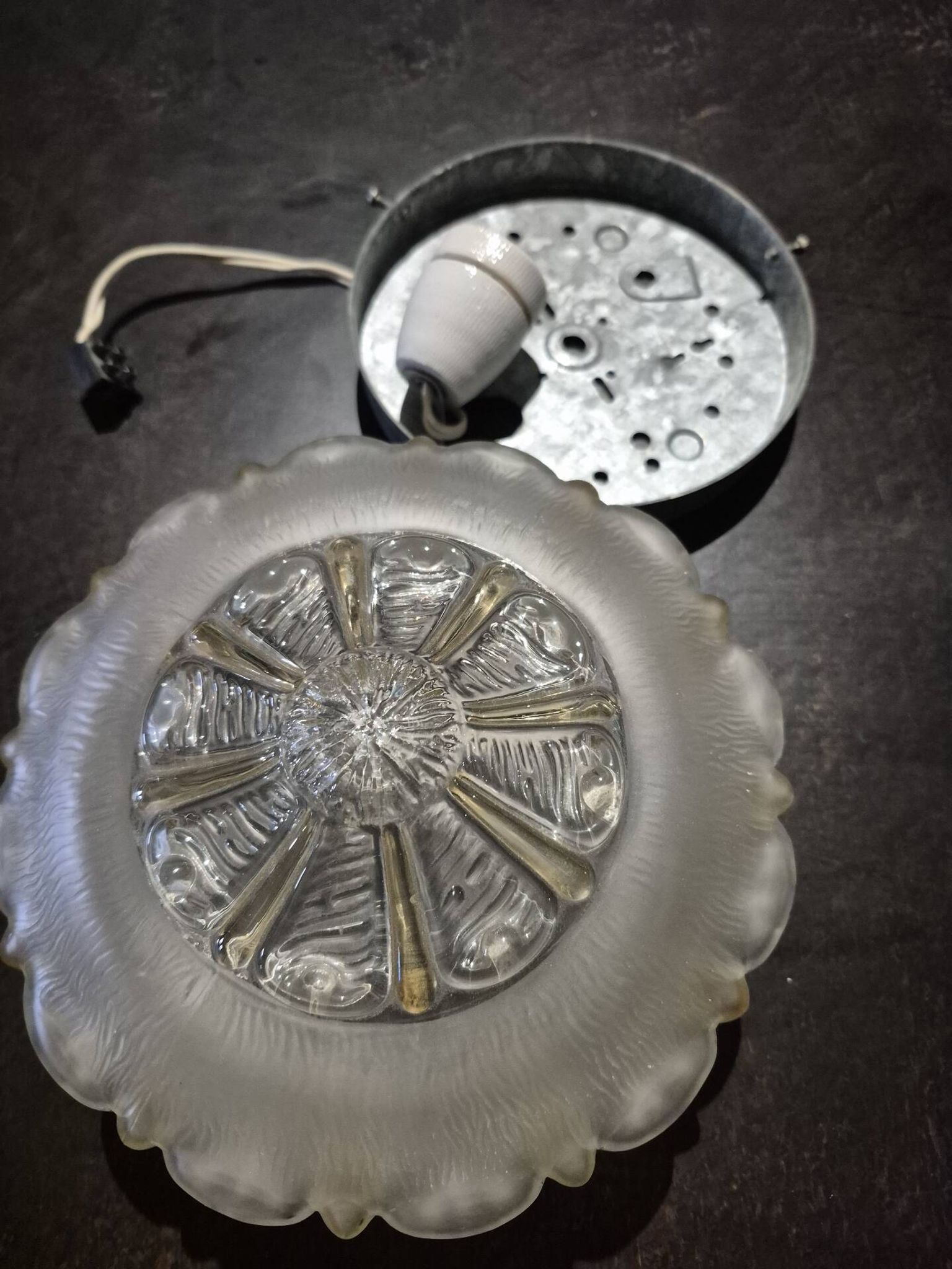 Wall ceiling lamp ø 21 cm frosted and amber glass 1960s moulded