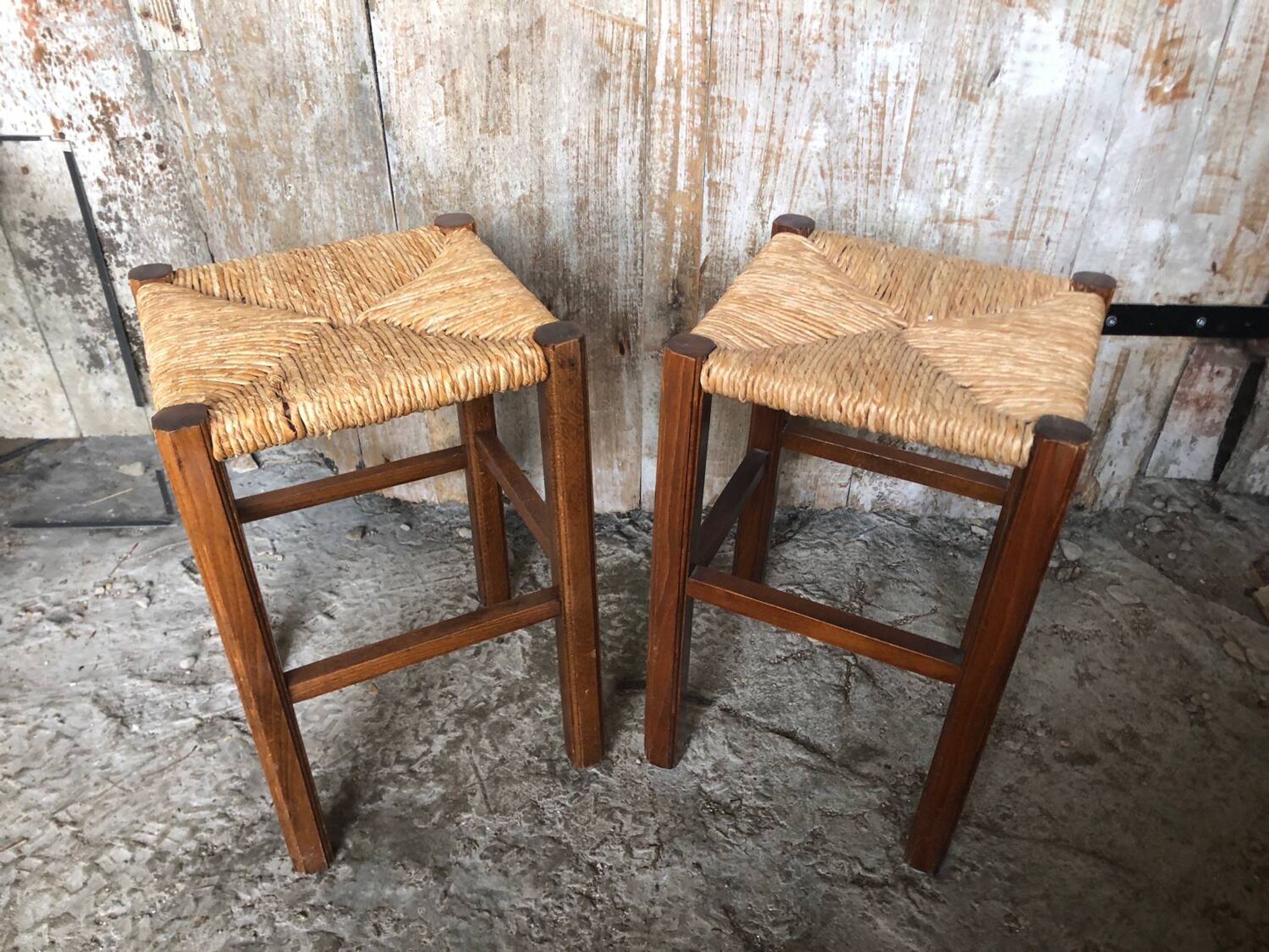 Pair of Old Carved Wood Stool + Vintage Straw Seat #A630