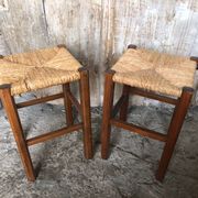 Pair of Old Carved Wood Stool + Vintage Straw Seat #A630