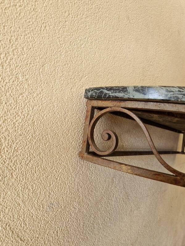 Half moon console - Wrought iron and green marble top - Design 1940
