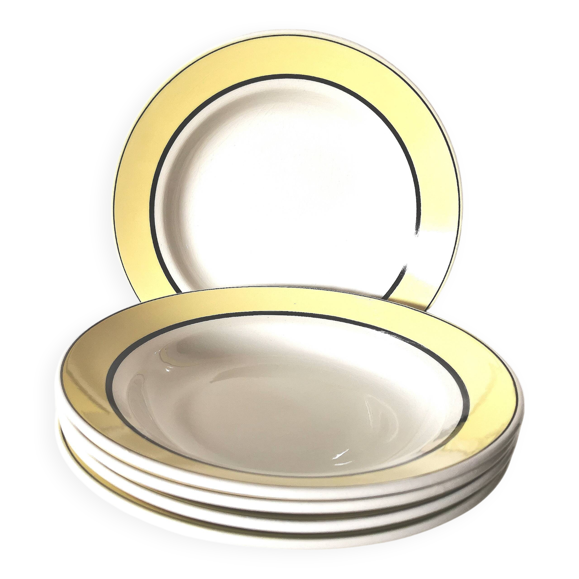 set of 5 soup plates / circle / yellow / black edges / Lunéville