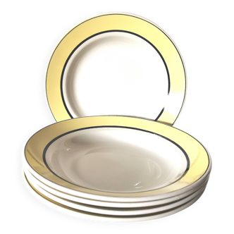 5 assiettes creuses Lunéville en céramique blanche, noire et jaune