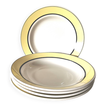 5 assiettes creuses Lunéville en céramique blanche, noire et jaune