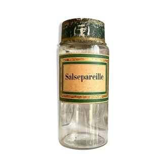 Sarsaparilla apothecary jar in transparent glass and green metal