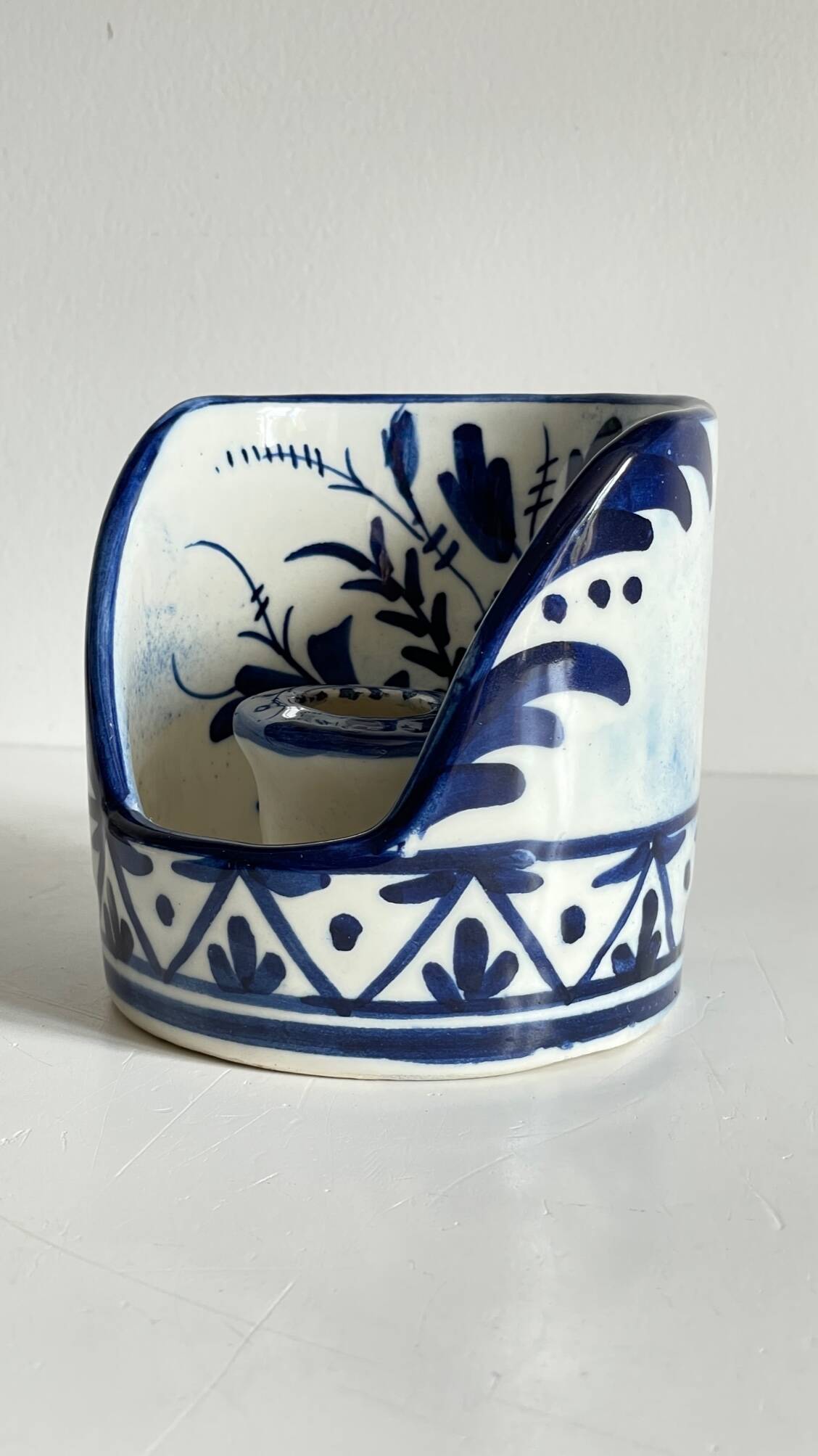 Blue ceramic hand candle holder vintage craft