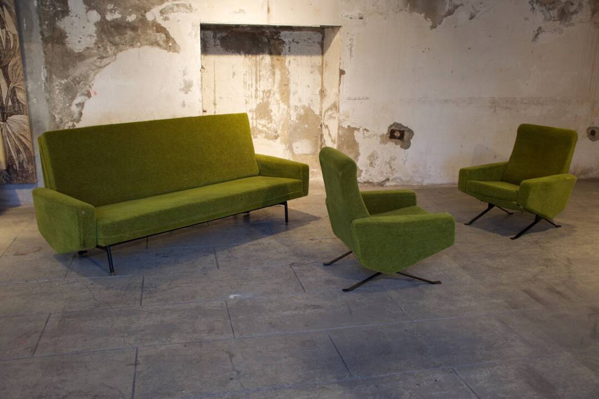 Set de salon canapé - 2 fauteuils design 1960 par Paul Geoffroy Troika Airborne