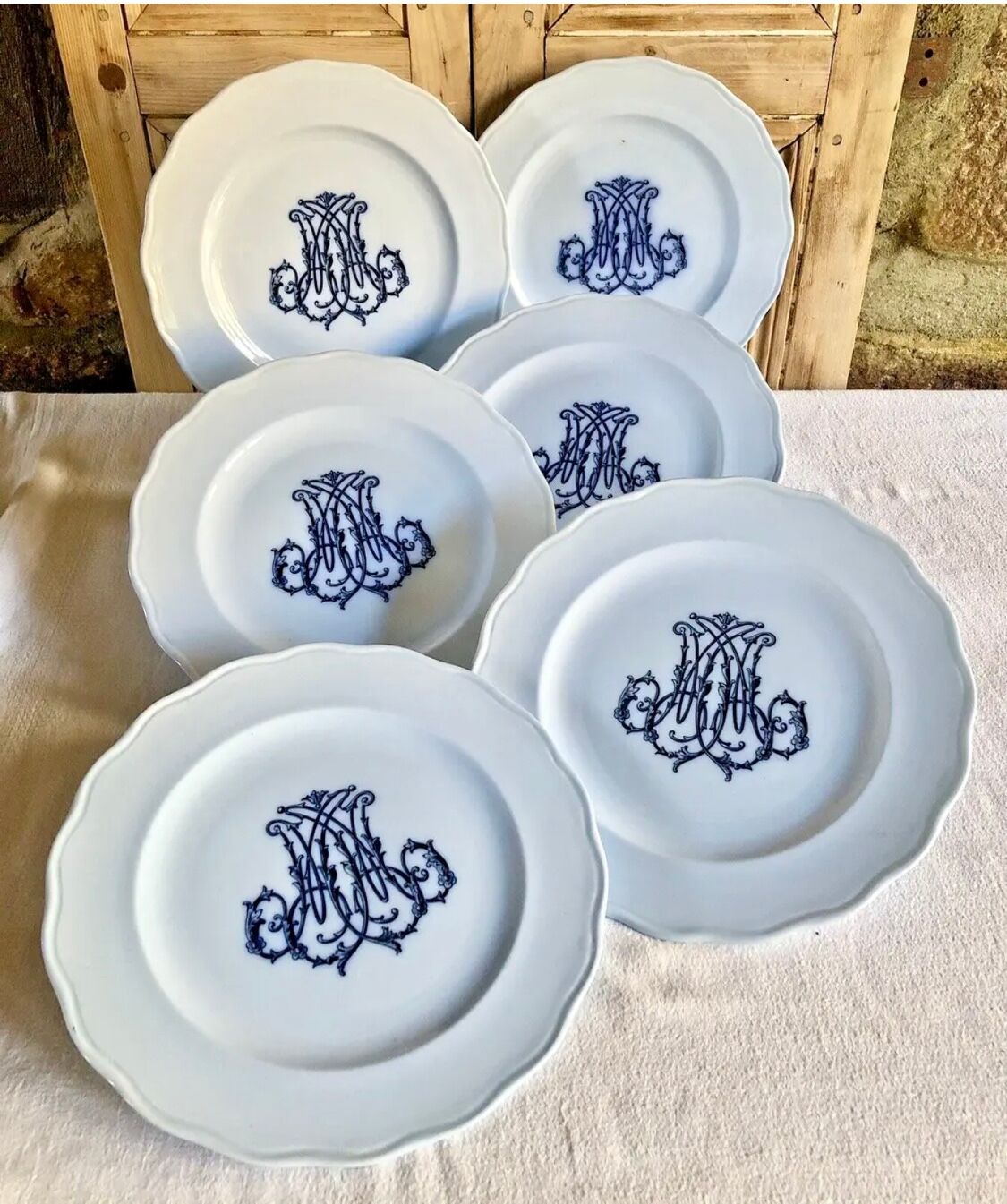 6 anciennes assiettes plates monogrammées Brown Westhead More & Co XIX