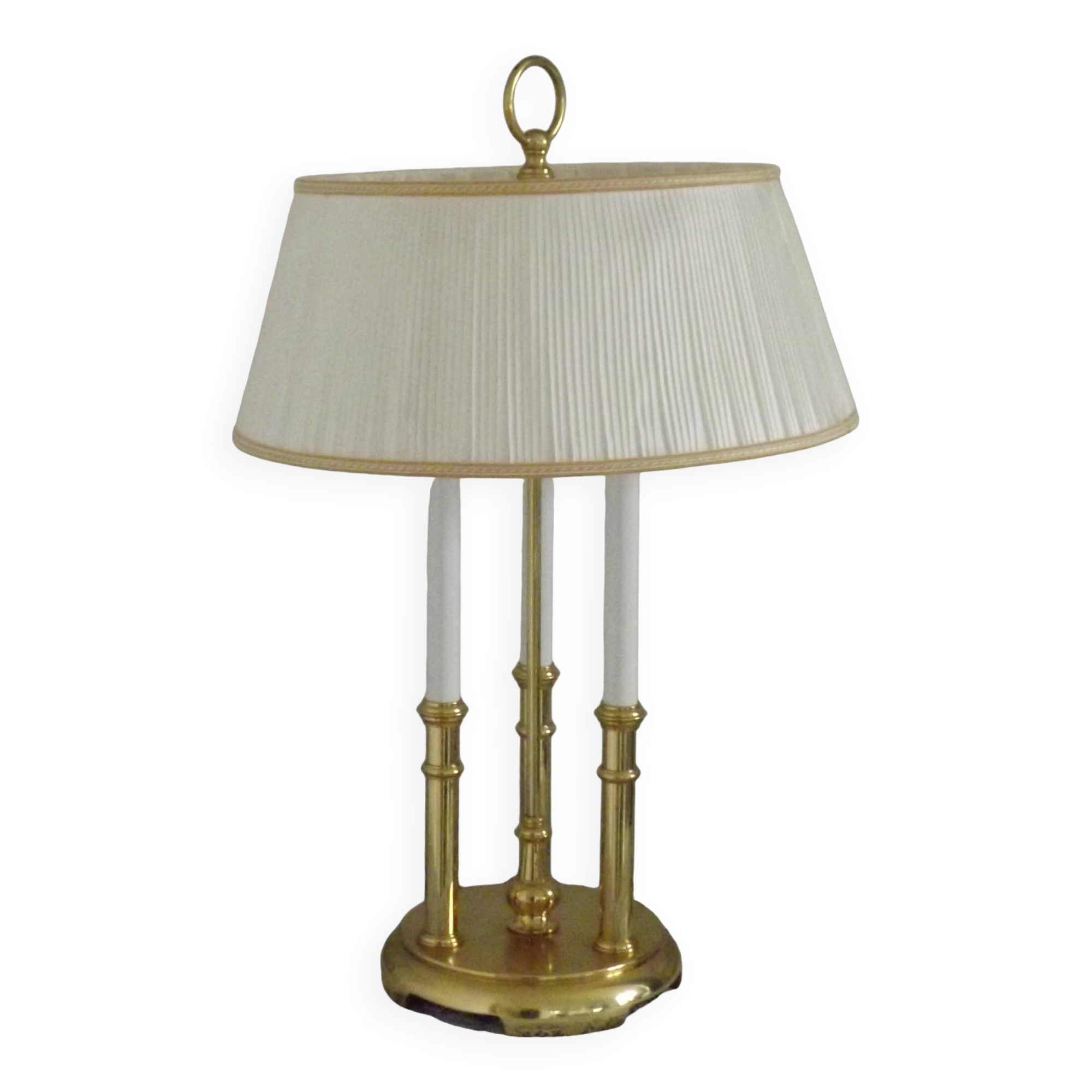 French vintage brass three-light boulotte style table lamp with cream pleated shade 5056.