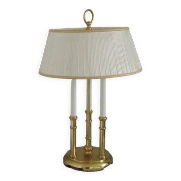 French vintage brass three-light boulotte style table lamp with cream pleated shade 5056.