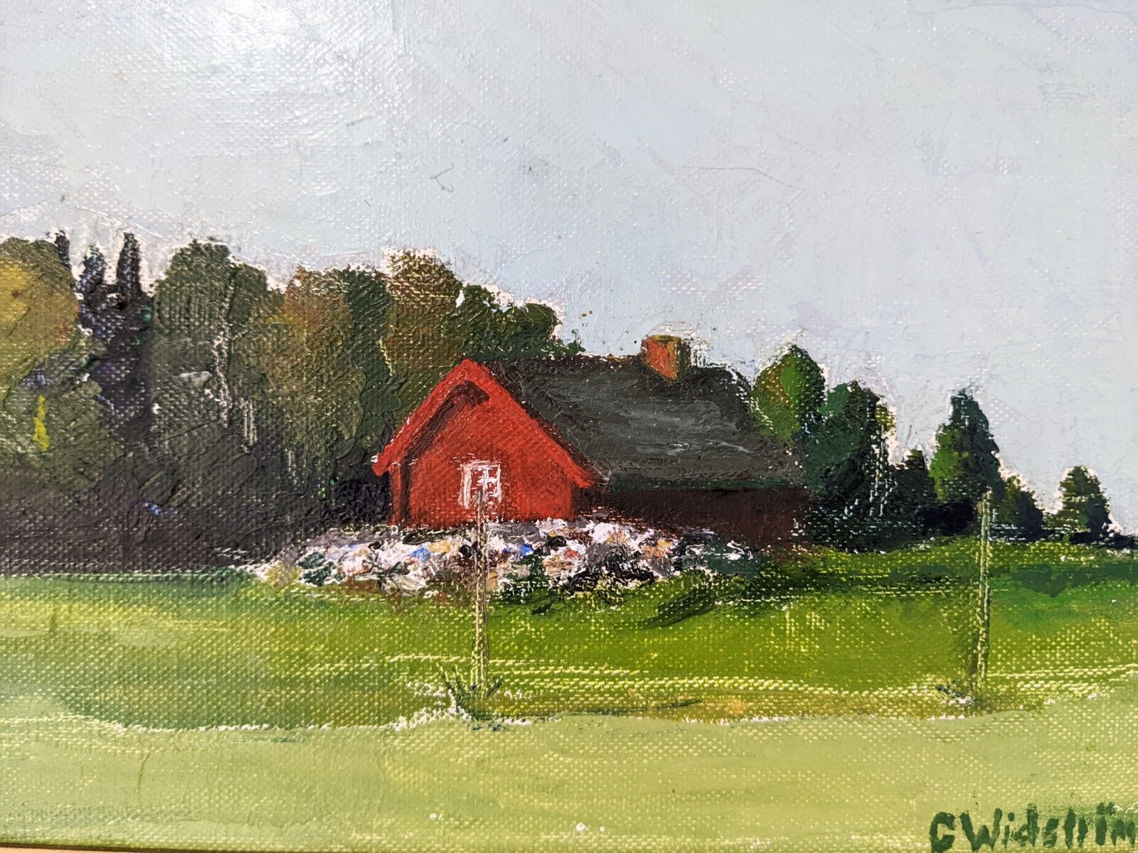 Mid-Century Modern Swedish "Red Cottage" Vintage Landscape Oil Painting, Framed