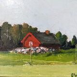 Mid-Century Modern Swedish "Red Cottage" Vintage Landscape Oil Painting, Framed