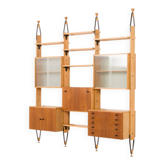 Floor to ceiling mid-century wall unit in teak and ash, Czechoslovakia, 1960s