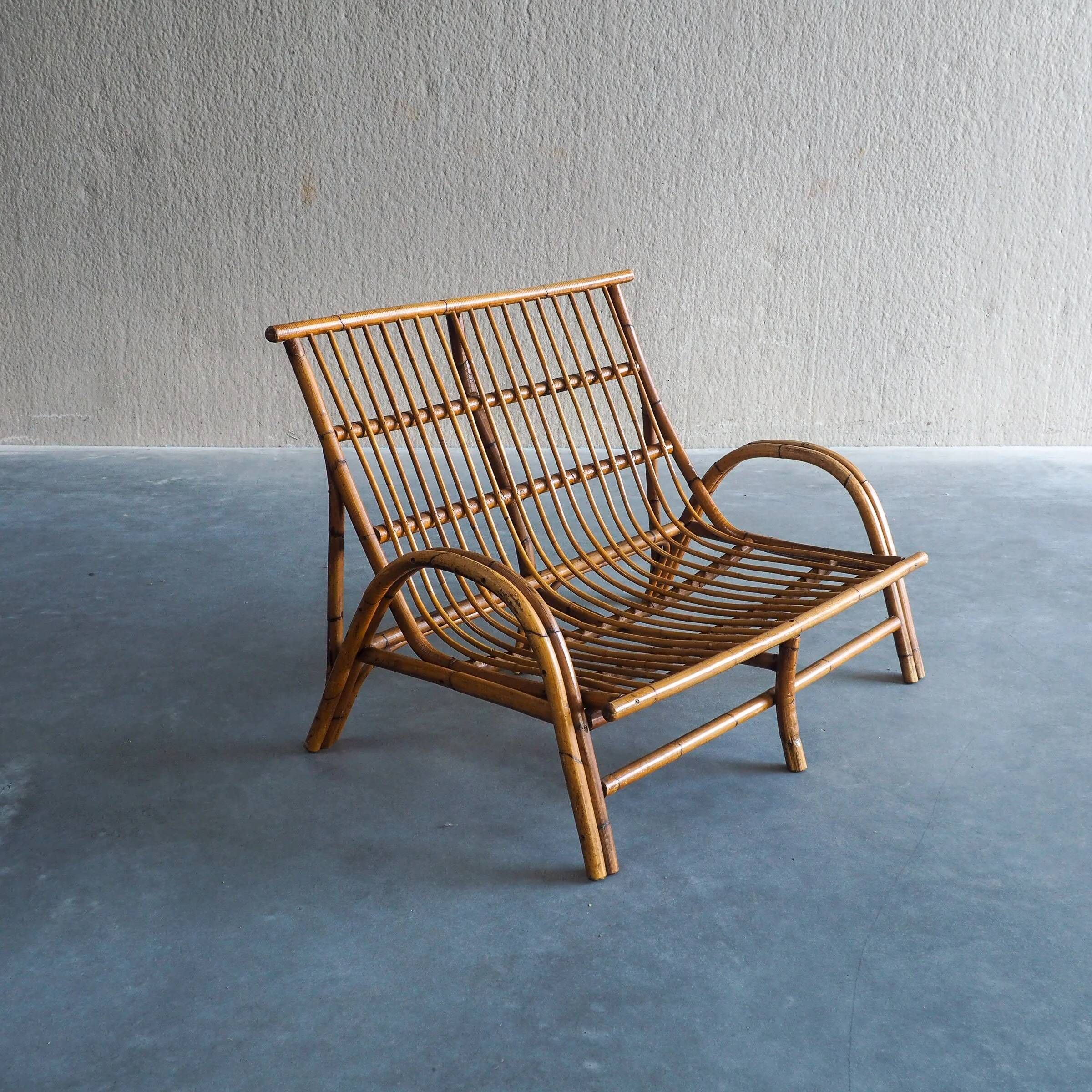 Mid-century rattan & bamboo two-seater lounge sofa