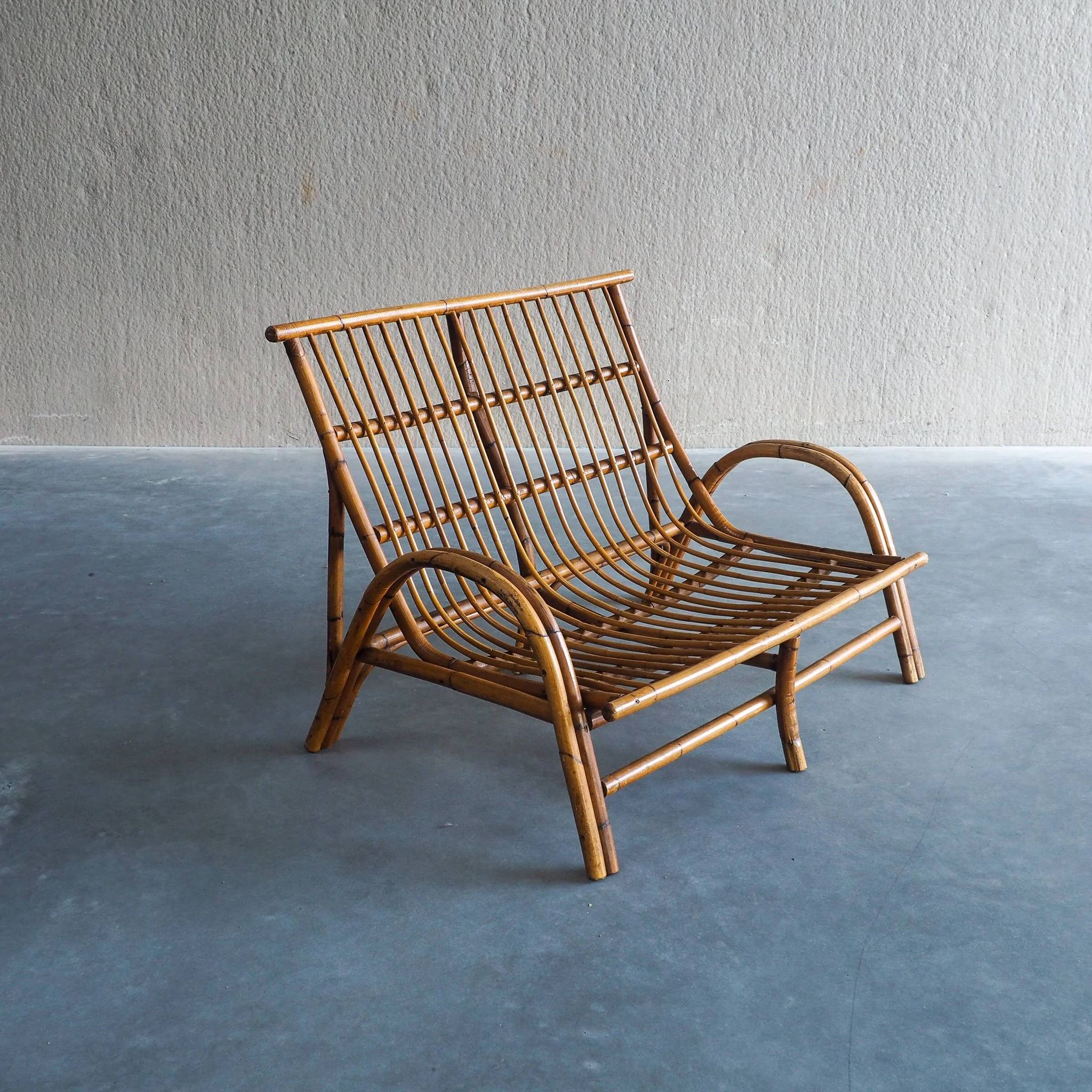 Mid-century rattan & bamboo two-seater lounge sofa