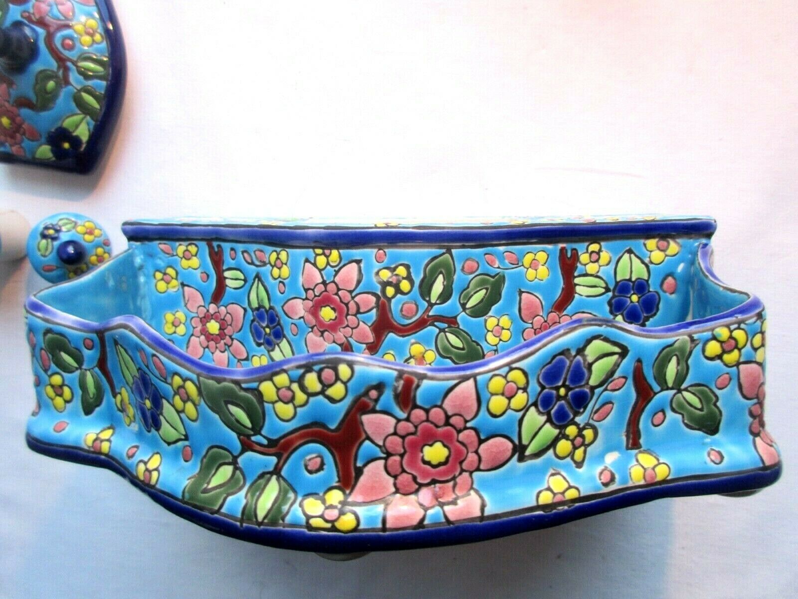 Double ink in enamels like Longwy  blue ceramic: Peonies and Bird