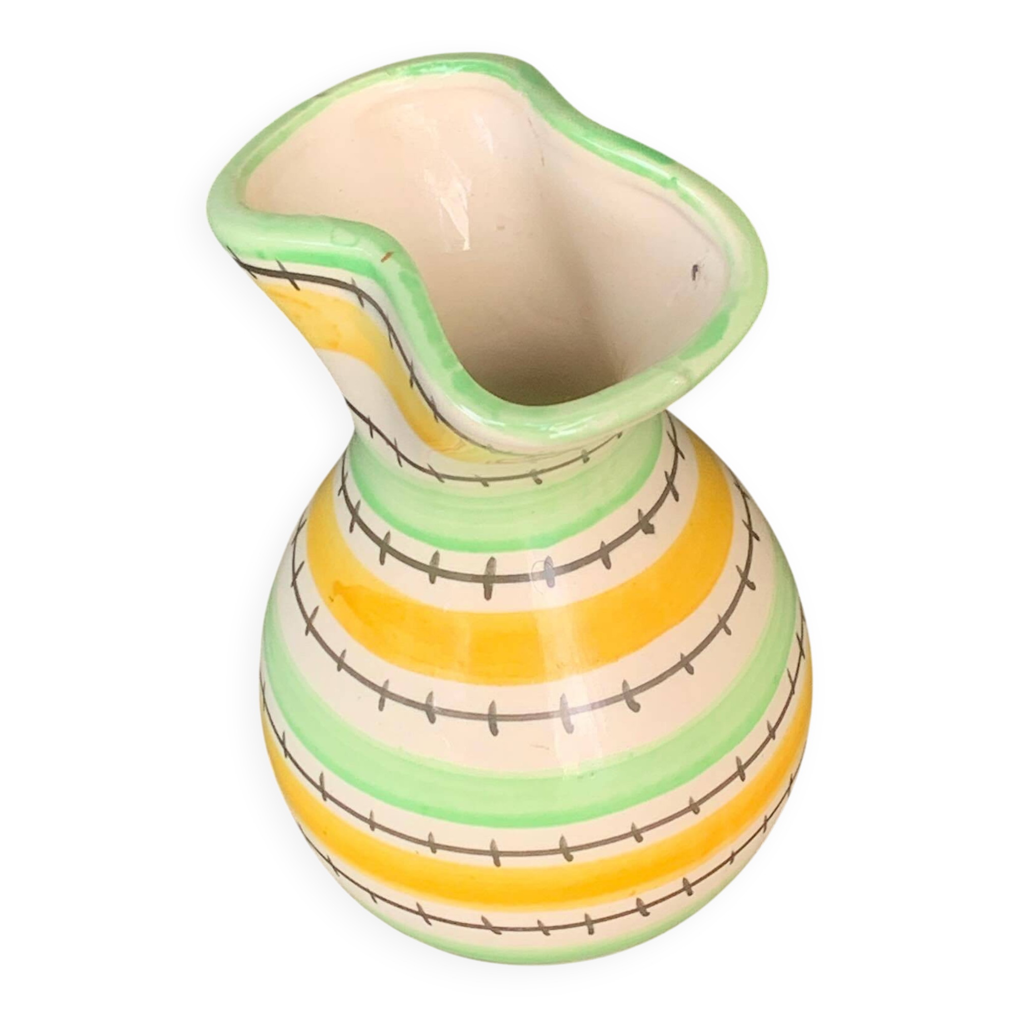 Green and yellow glazed ceramic vase, vintage pattern and design 1950/60