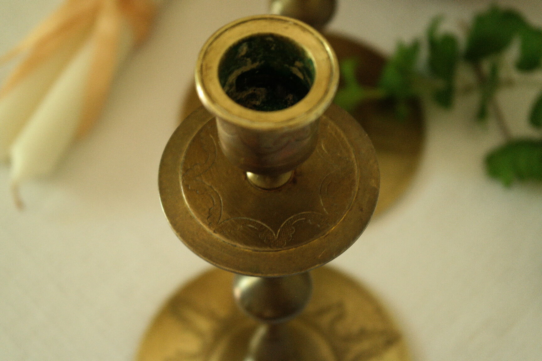 Pair of vintage engraved brass candle holders