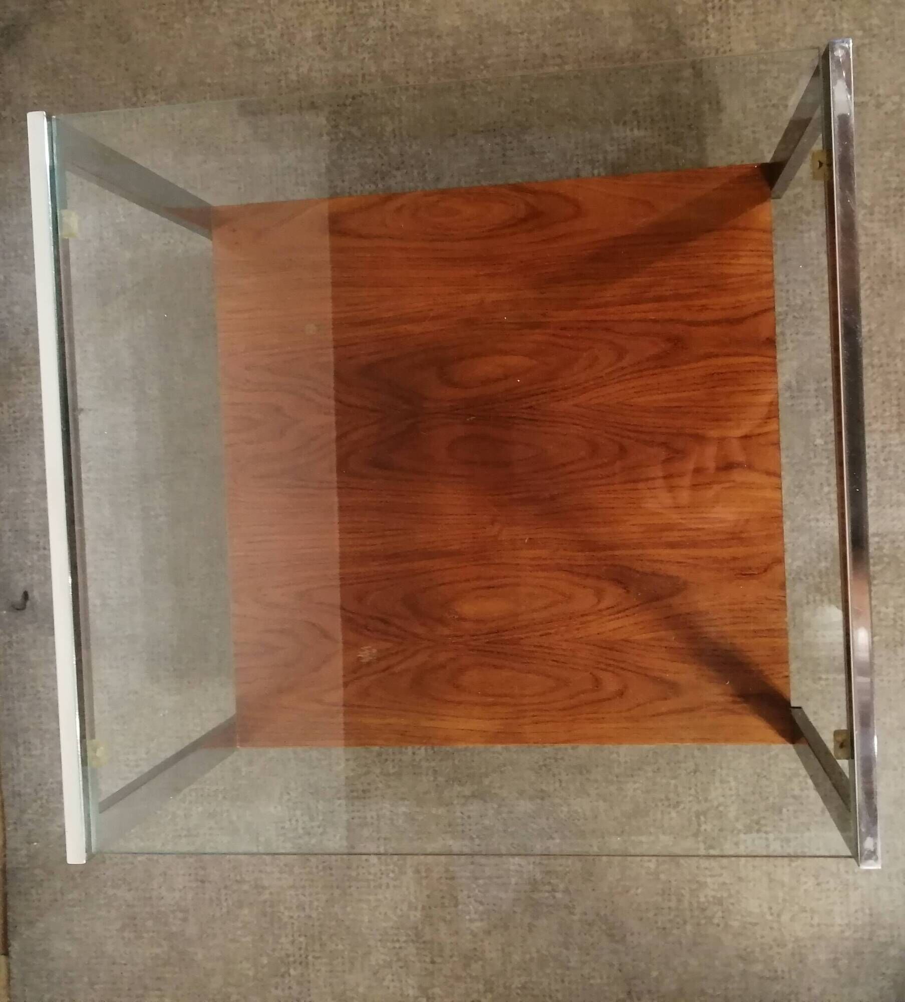 Designer coffee table on wheels, chrome, rosewood and glass from Denisco made in Italy 1970
