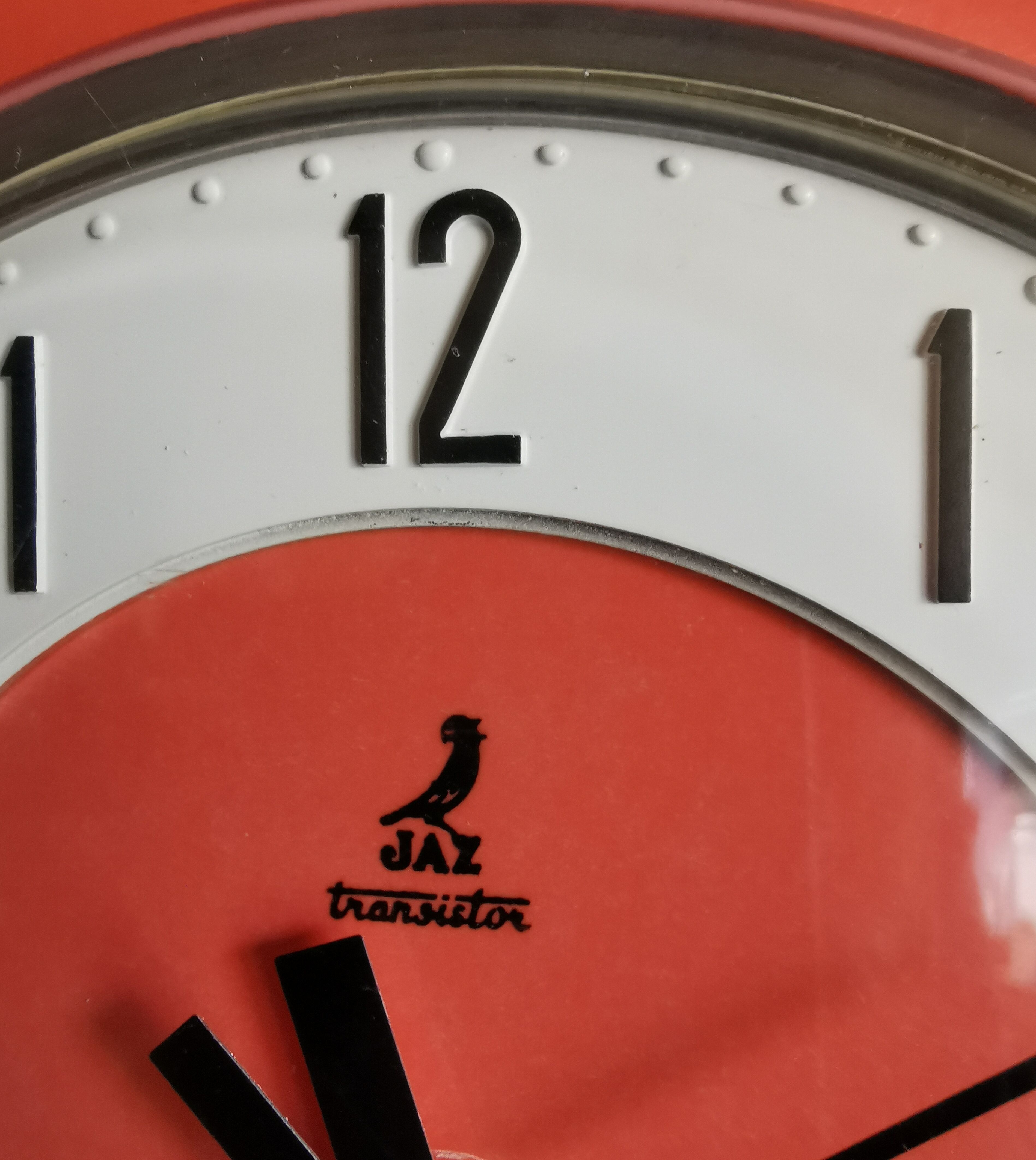 Vintage formica clock asymmetrical silent wall clock "Jaz orange"