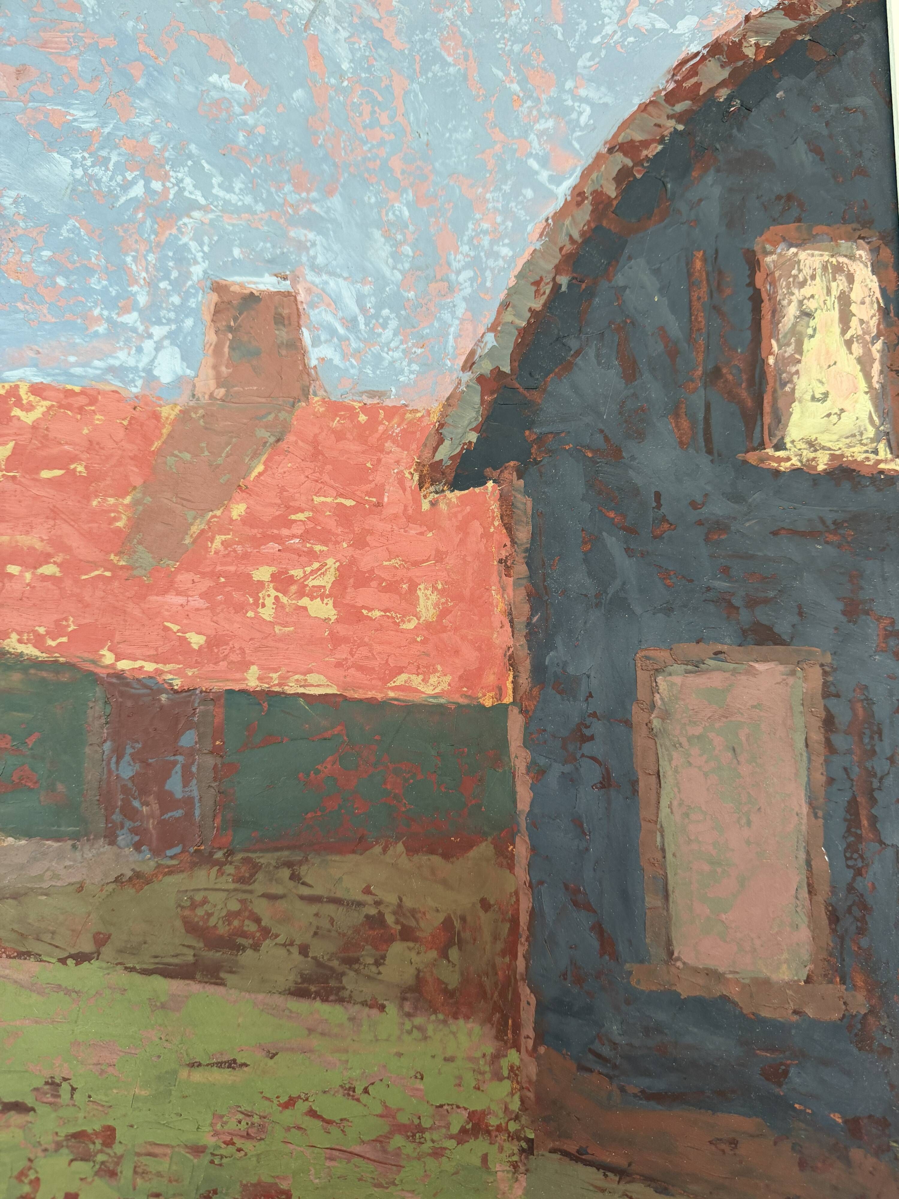 Vintage village landscape painting – Oil on canvas signed – 1960s-70s
