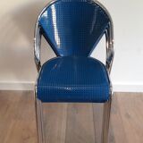 Set of 4 chairs chrome-based perforated metal blue color, around 1980