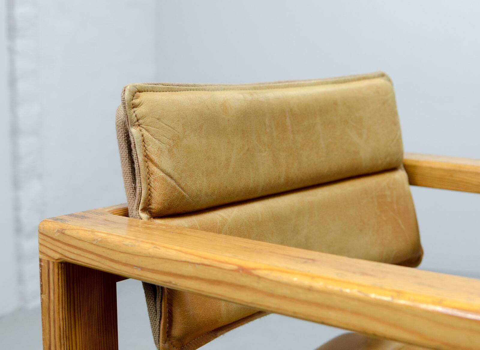 Set of Camel Leather Cubic Pinewood Side Chairs by Ate van Apeldoorn 1970s