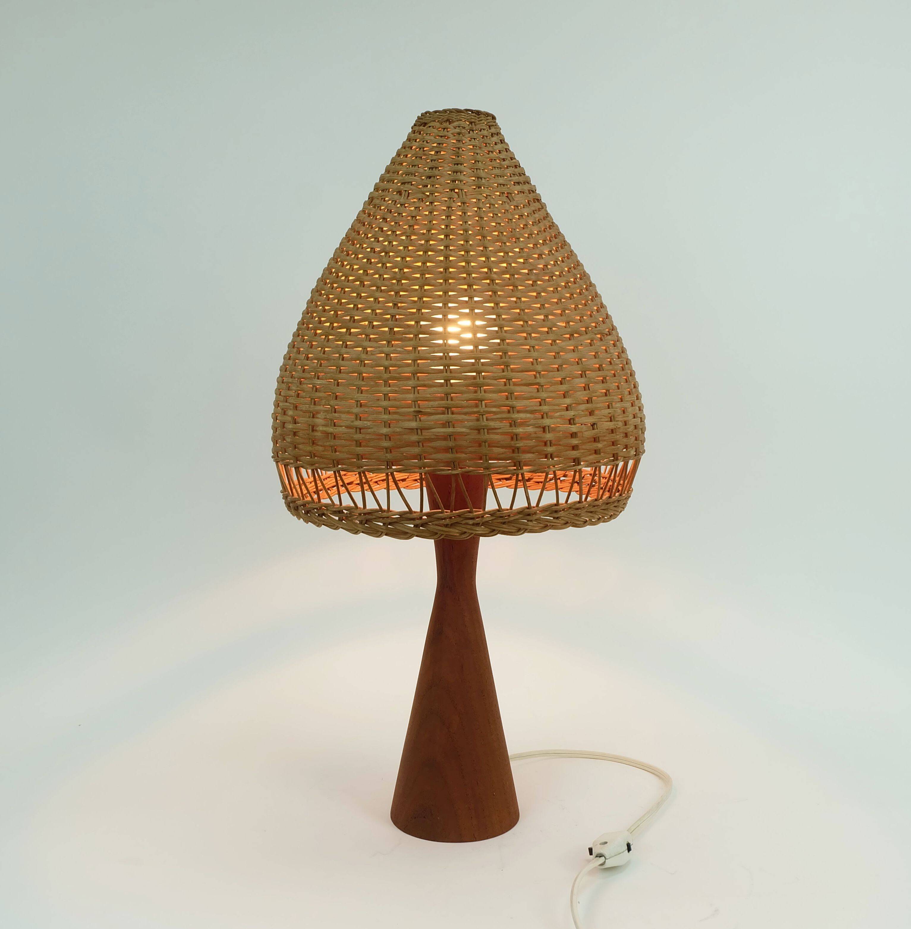 Danish modern table lamp teak and rattan 1960s mid century wicker light