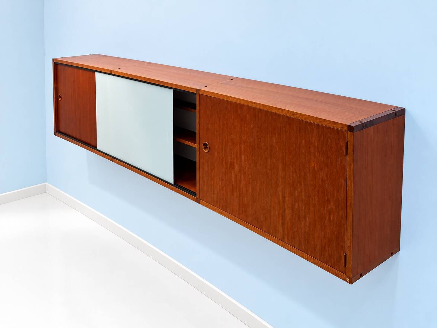 A.R.P. – Wall-mounted furniture in teak and opaline glass, 1950s