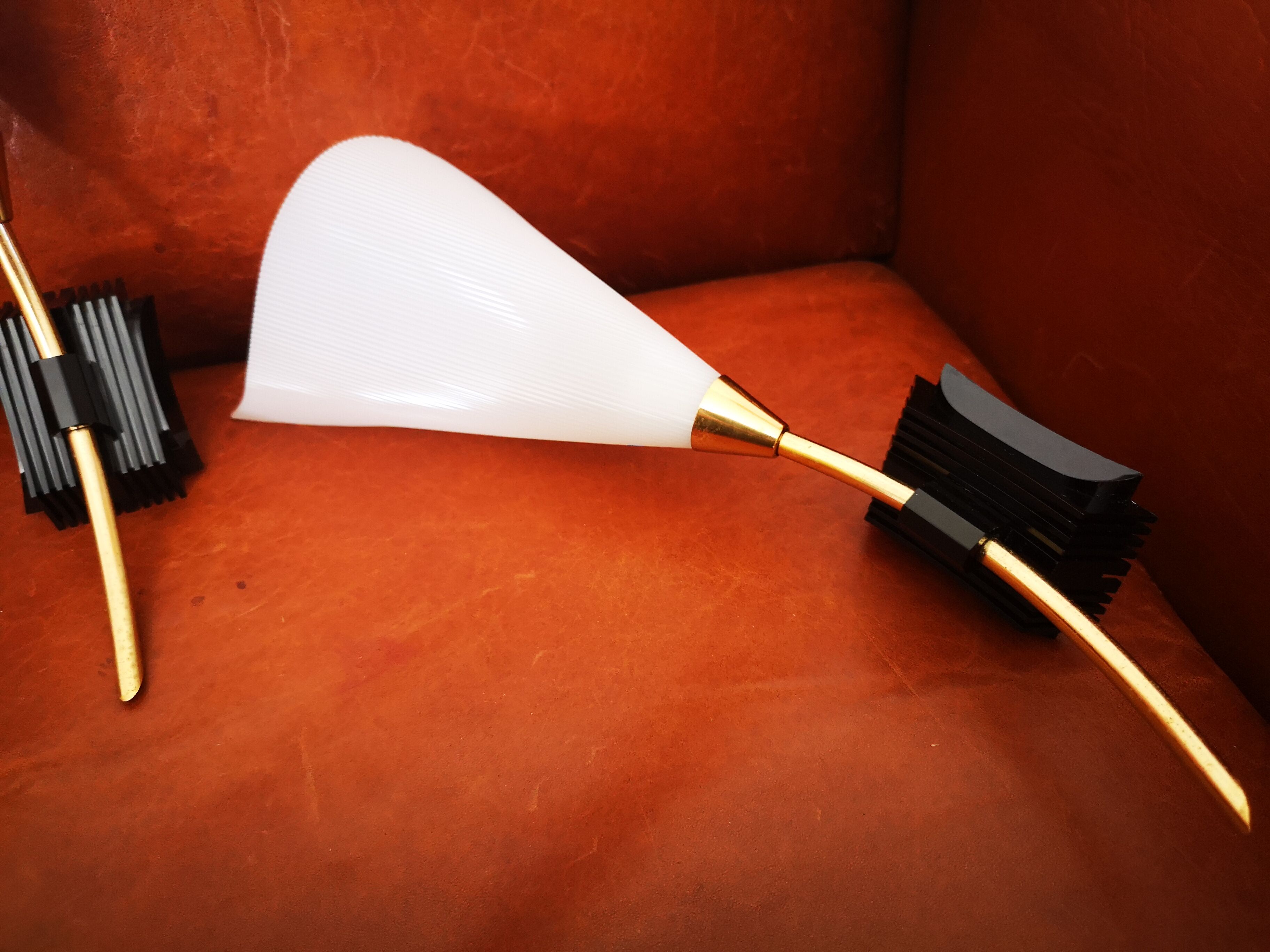 Pair of vintage 50s brass and fluted plexiglass sconces