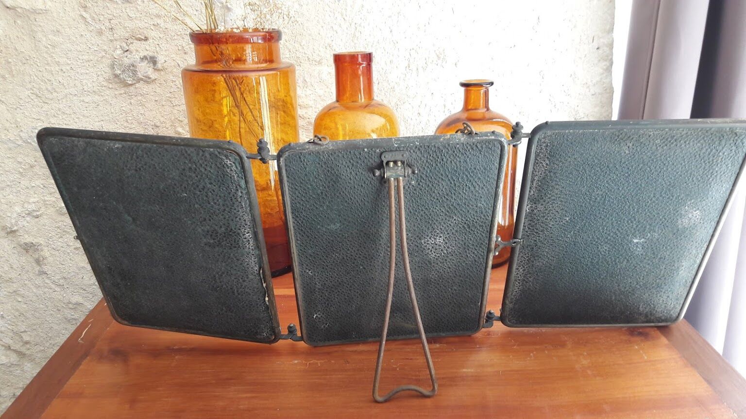 Barber triptych with towers brass mirror 58x24cm