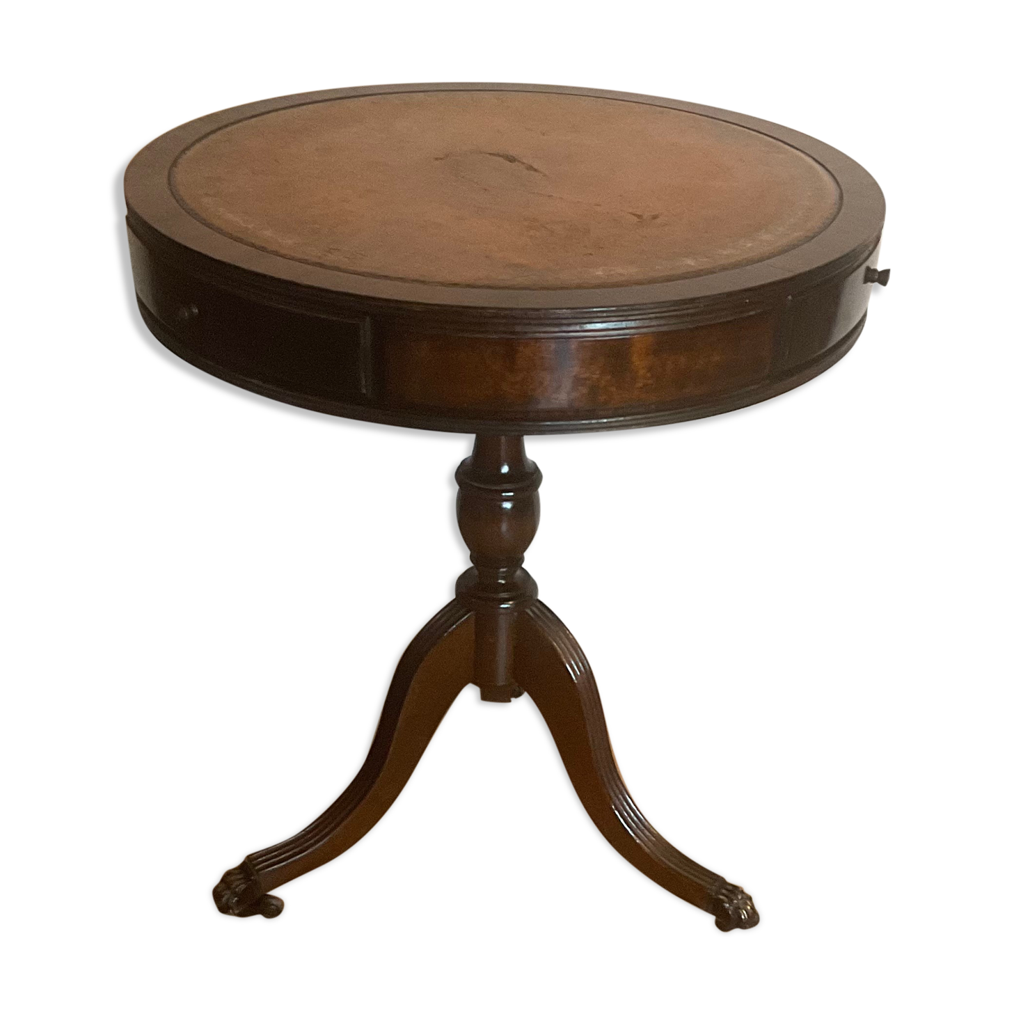 Small furniture side table pedestal table 3 drawers top leather lion's paw in bronze