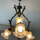 Ancien lustre cage en bronze et 4 feux tulipe