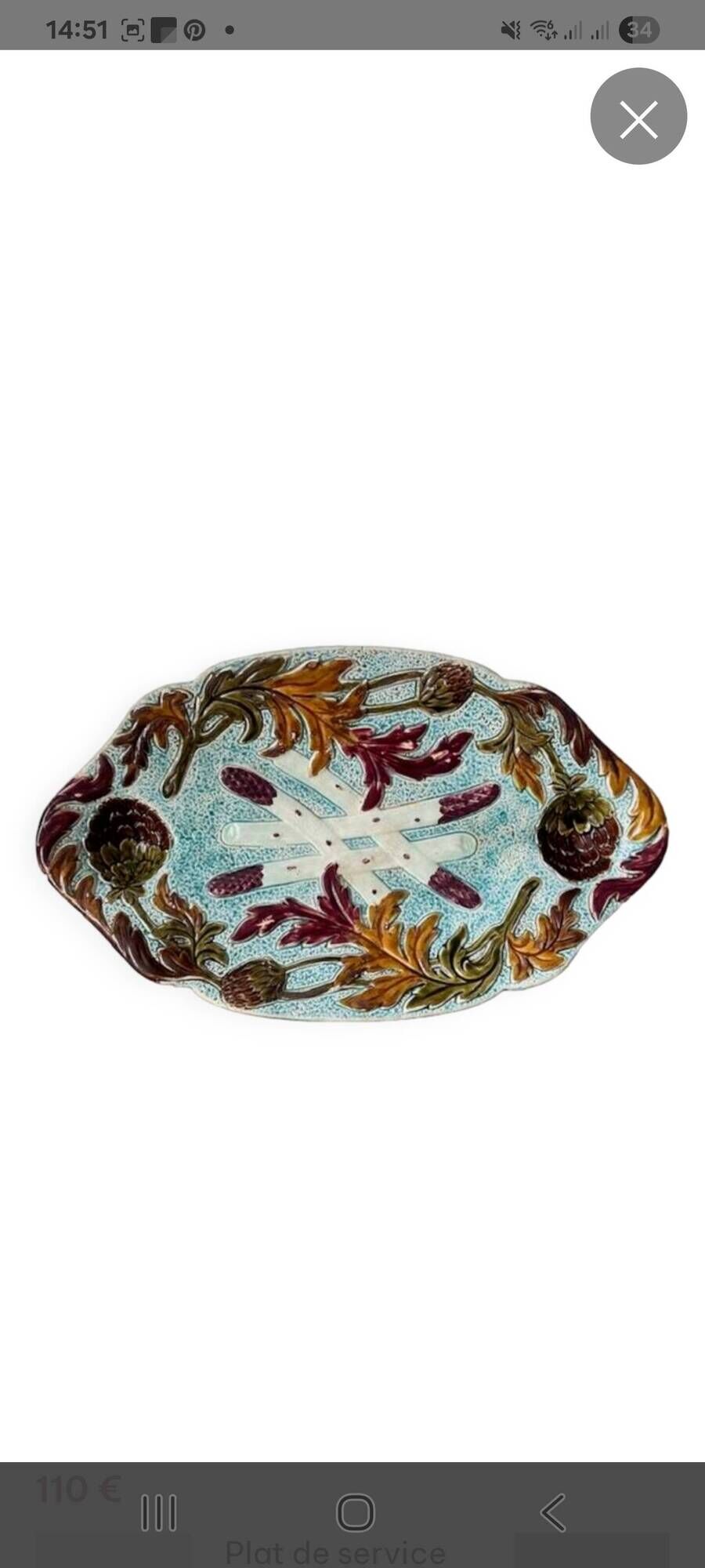 Serving dish for asparagus and artichokes in faience, late 19th century.