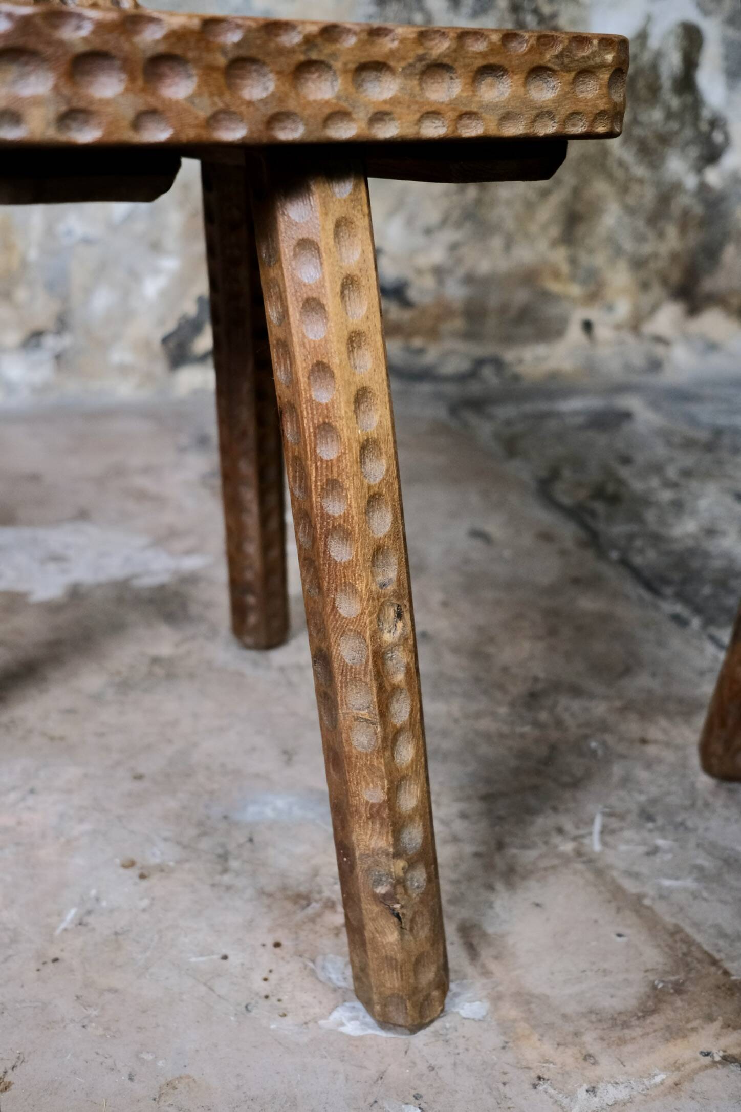 Pair of solid oak Breton chairs in folk art style