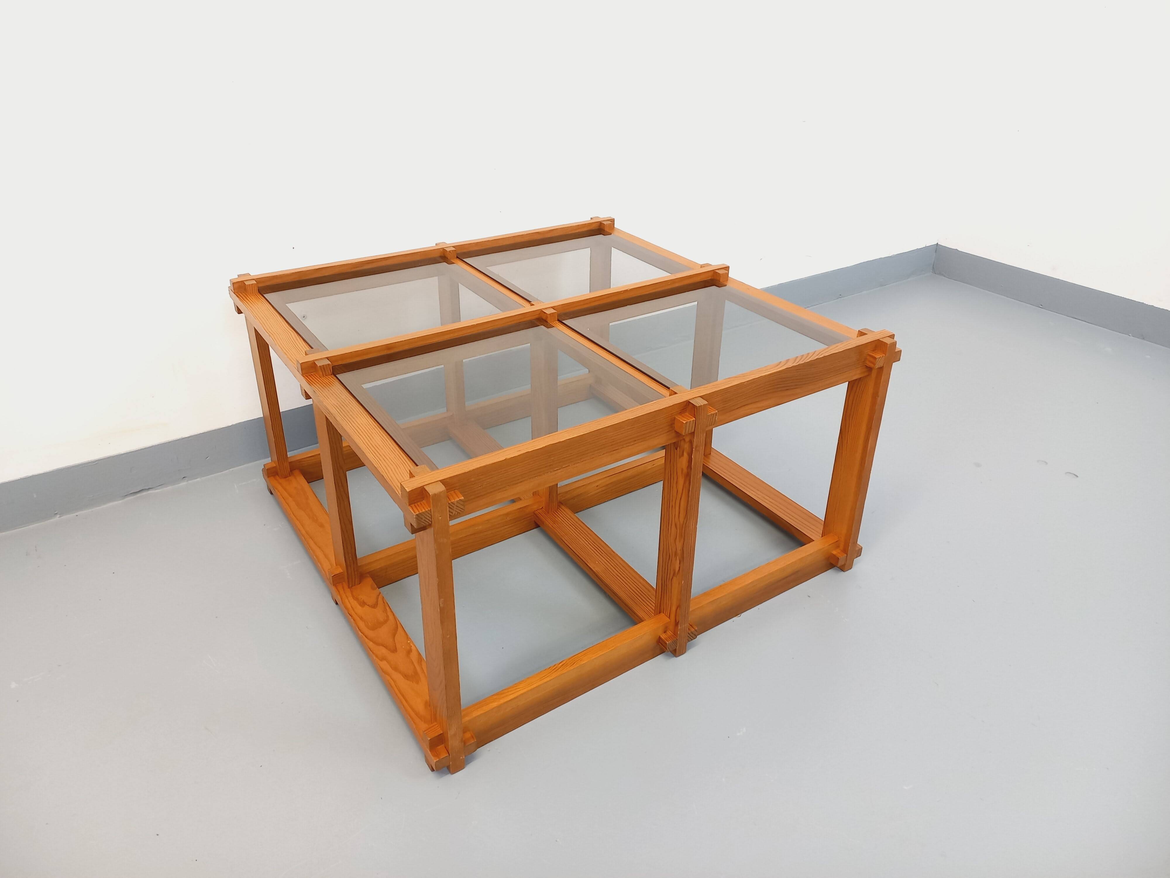 Vintage square coffee table in pine and smoked glass from the 70s and 80s.
