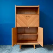 Vintage secretary bookcase from the 50s and 60s, oak with chevron marquetry.