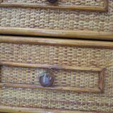 Semainier 6 tiroirs en bois, bambou et rotin tressé, années 60