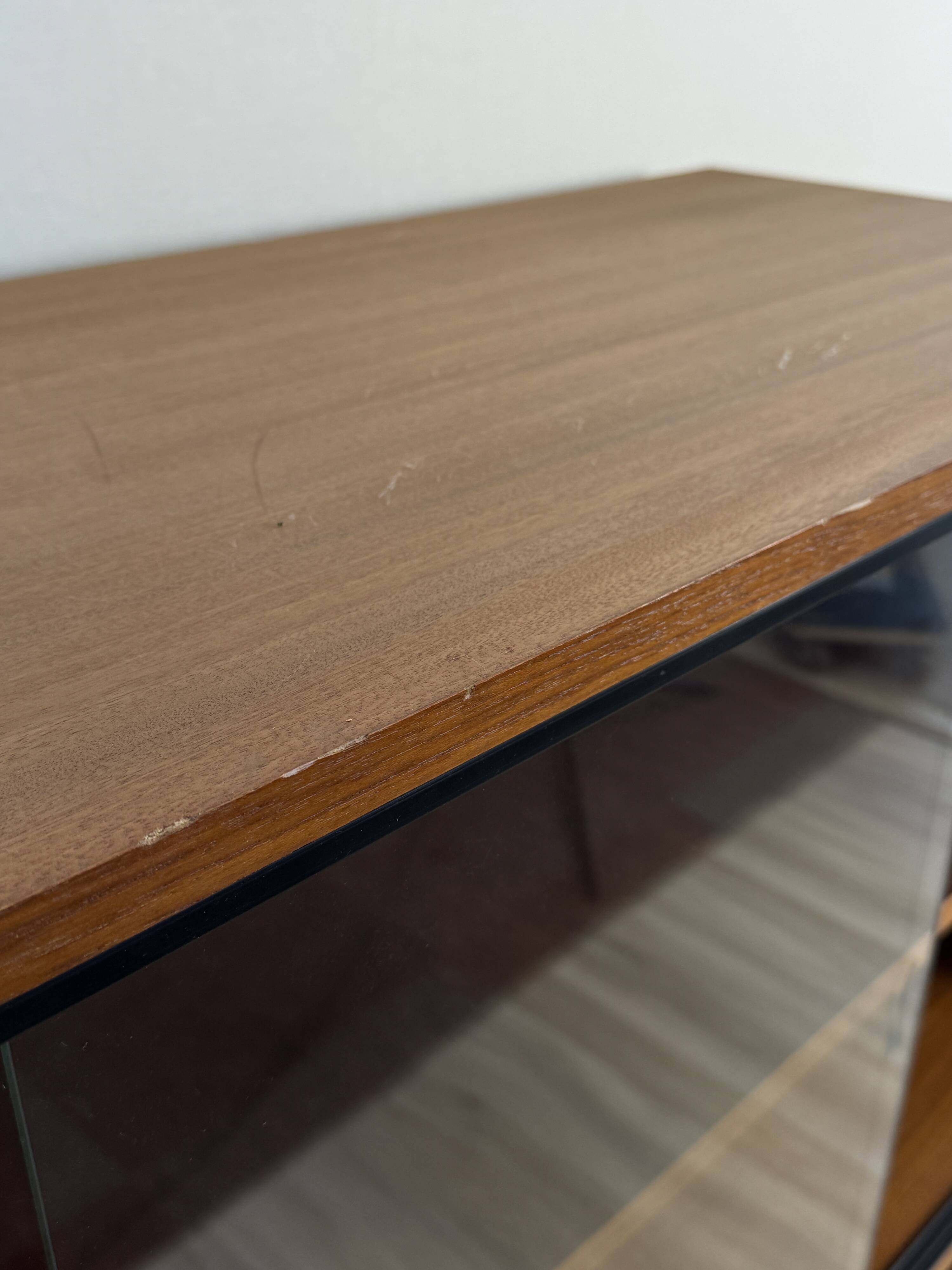 Teak bookshelf, sliding display + open storage, 60s/70s