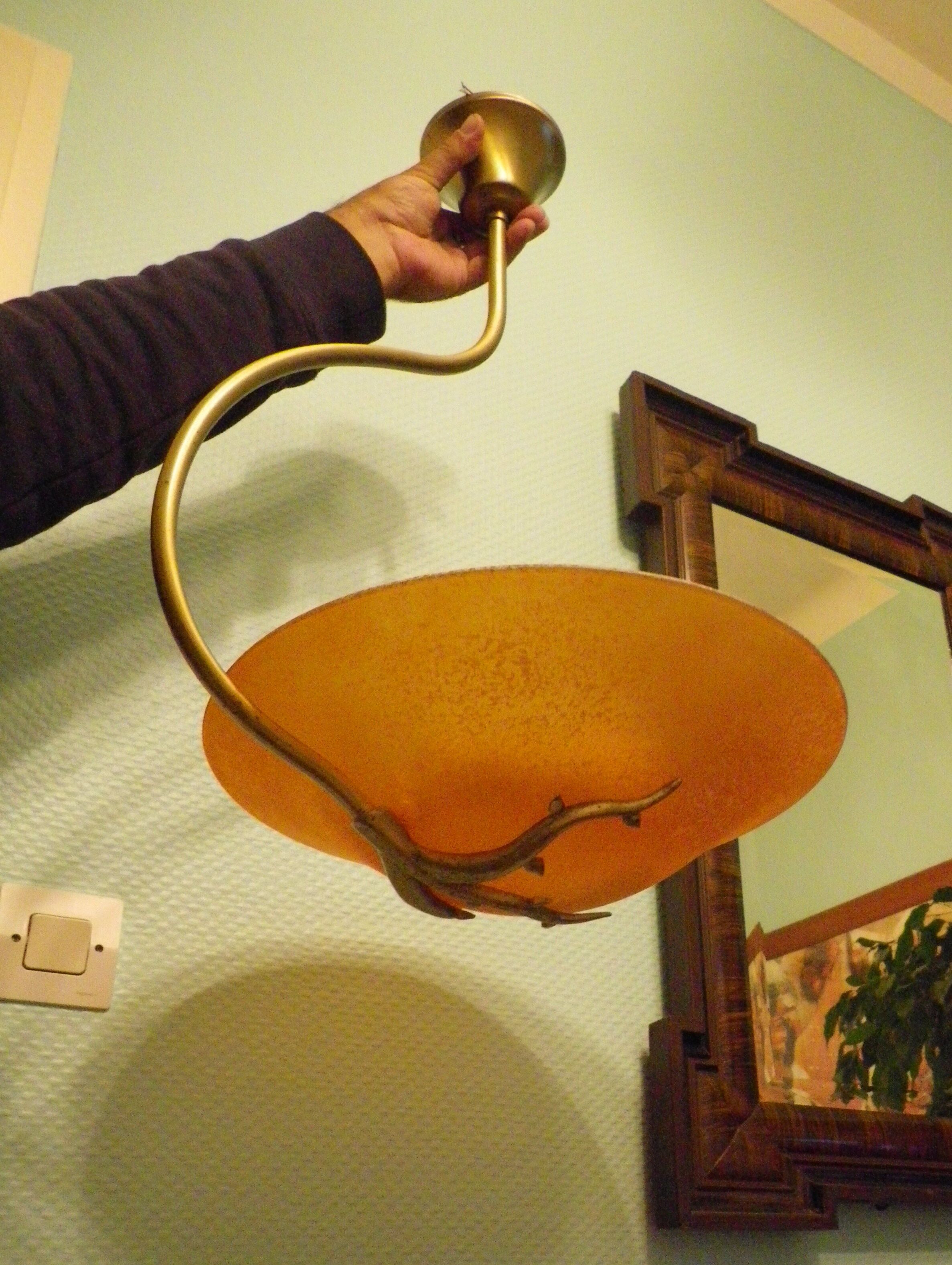 Asymmetrical hanging lamp with orange lampshade 70s/80s