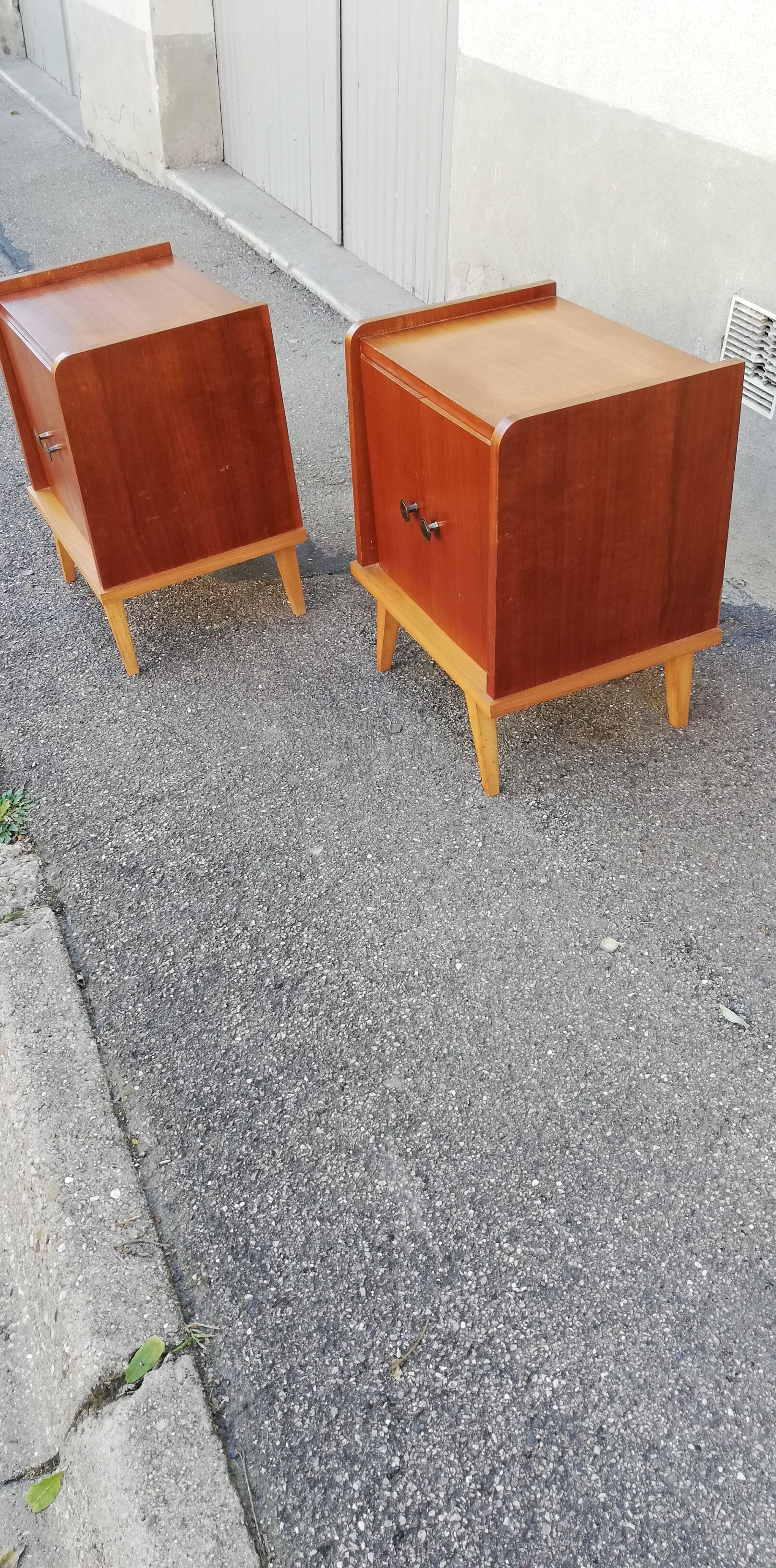 Pair of vintage wooden bedside tables 2 tones