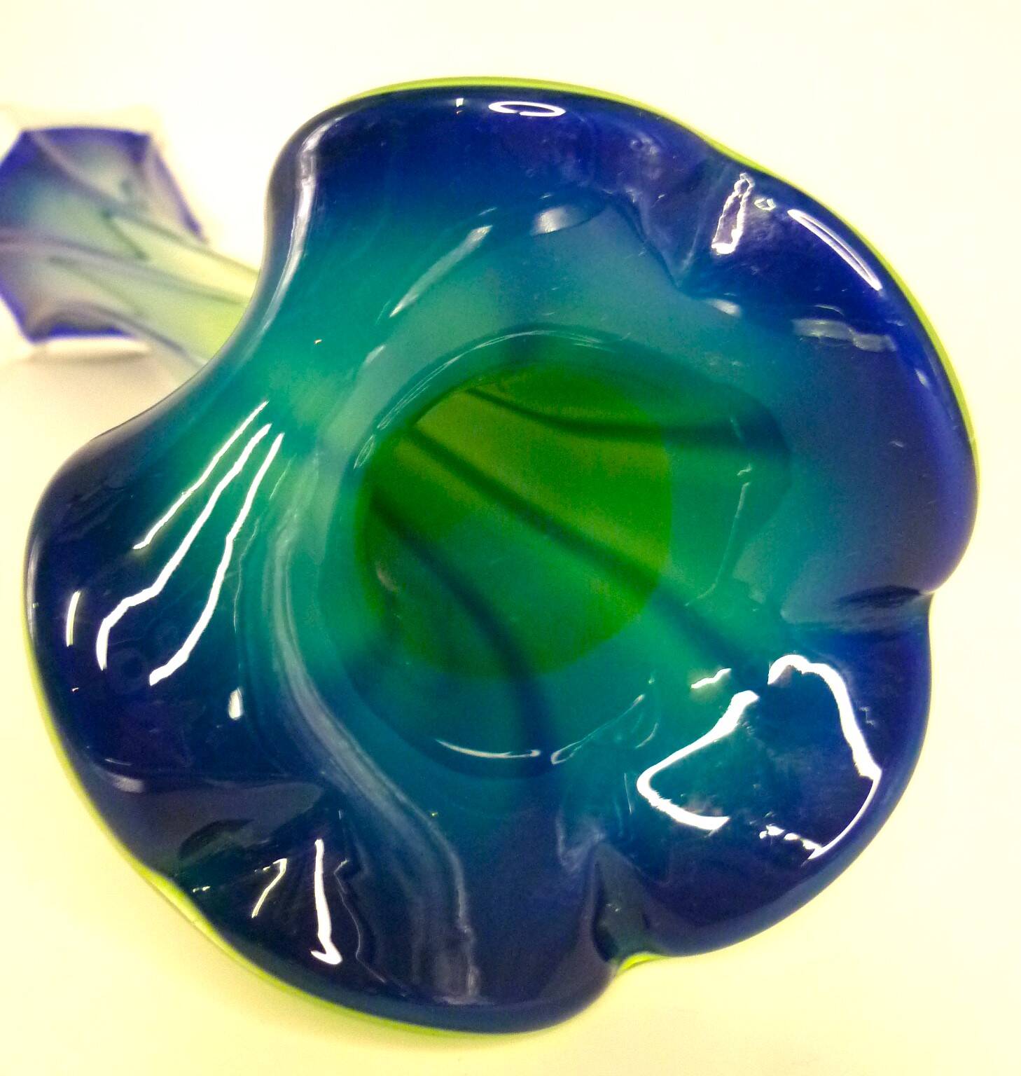 Vintage blown glass vase, twisted, blue and green, height: 39cm