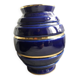 Grand vase vintage en céramique bleu et or
