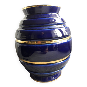 Grand vase vintage en céramique bleu et or