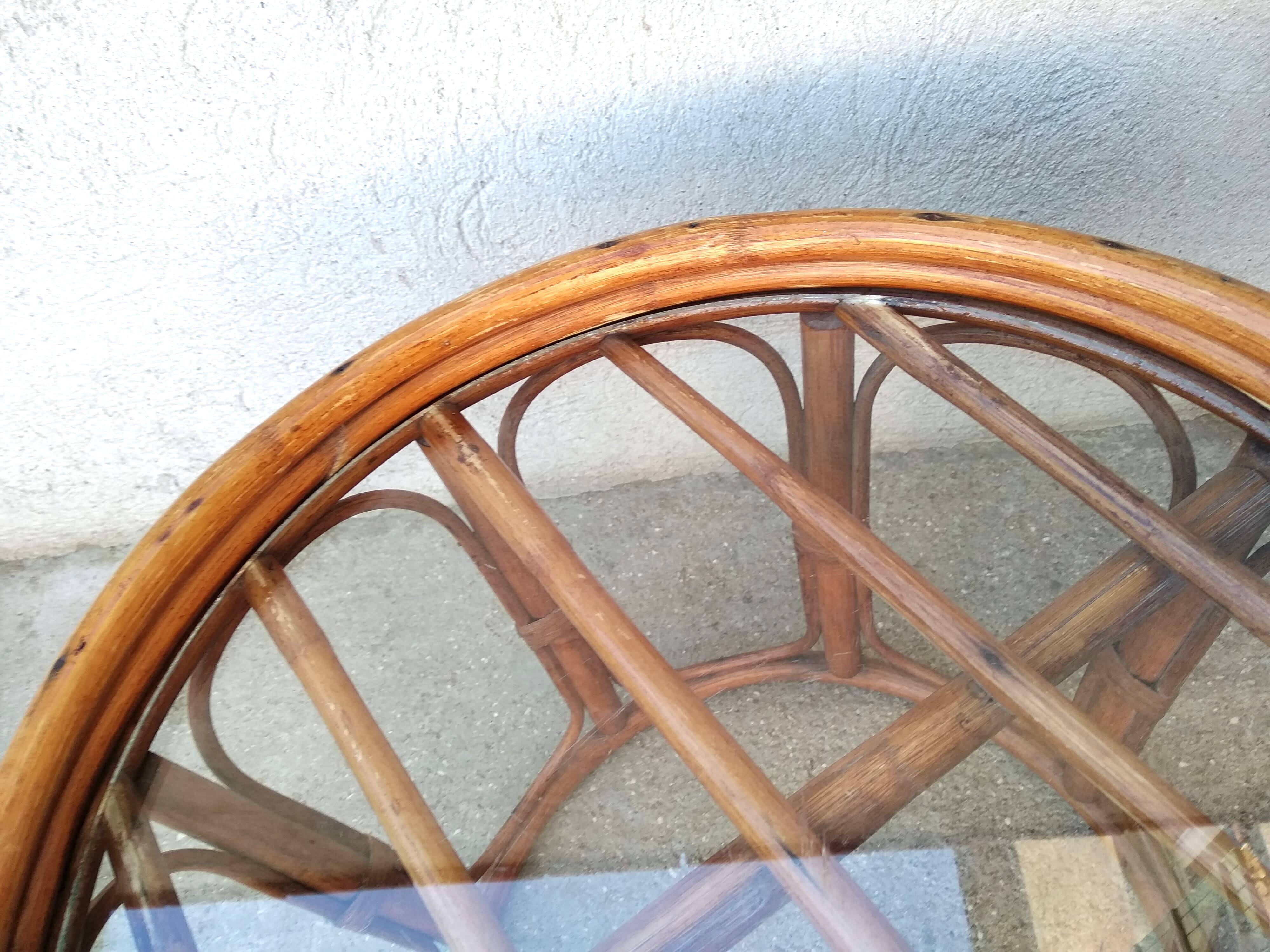 Table tabouret en rotin et verre vintage