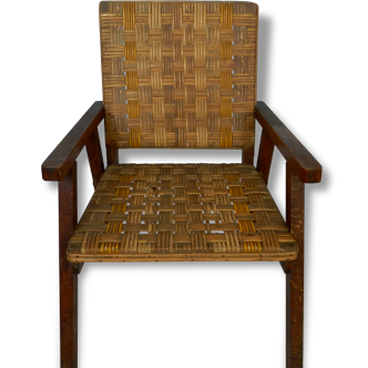 Chair vintage and original wood and wicker strips natural and yellow