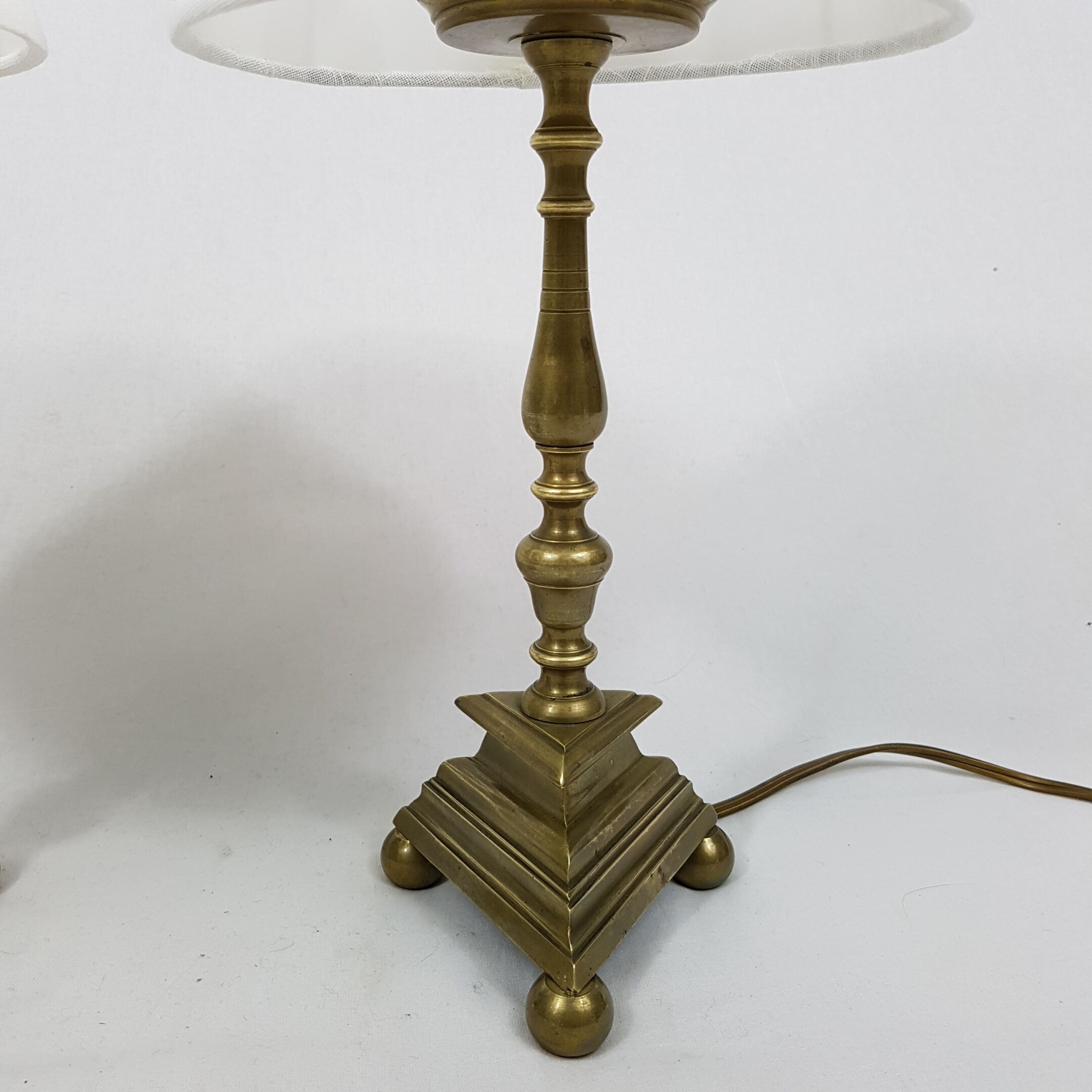Pair of bedside brass base triangle triangular candelabra Church