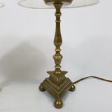 Pair of bedside brass base triangle triangular candelabra Church