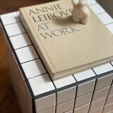 Checkerboard cube bedside table tiled white retro black tile