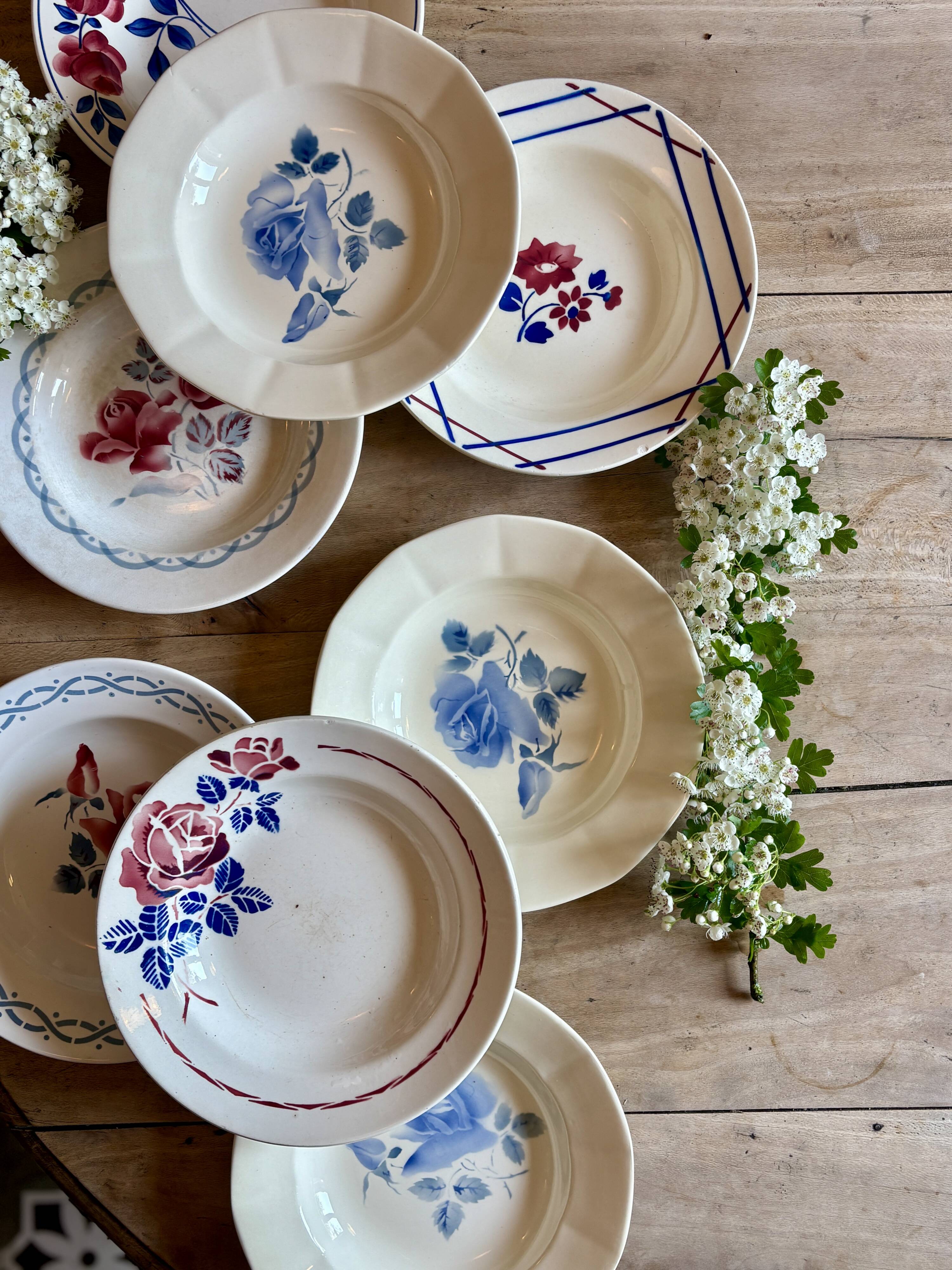 Set of 8 mismatched vintage soup plates
